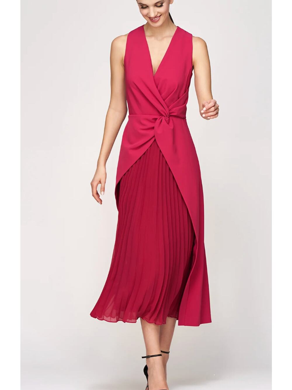 Kay Unger Petra Crepe Chiffon Midi Pleated Cocktail Dress | Sz 10, Bright Rose